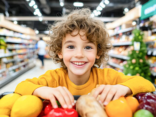Fototapeta premium Smiling boy with fresh produce grocery store candid shot vibrant environment