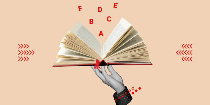 Hand holding open book with letters flying out, symbolizing education, knowledge, or creativity. Minimalist art collage