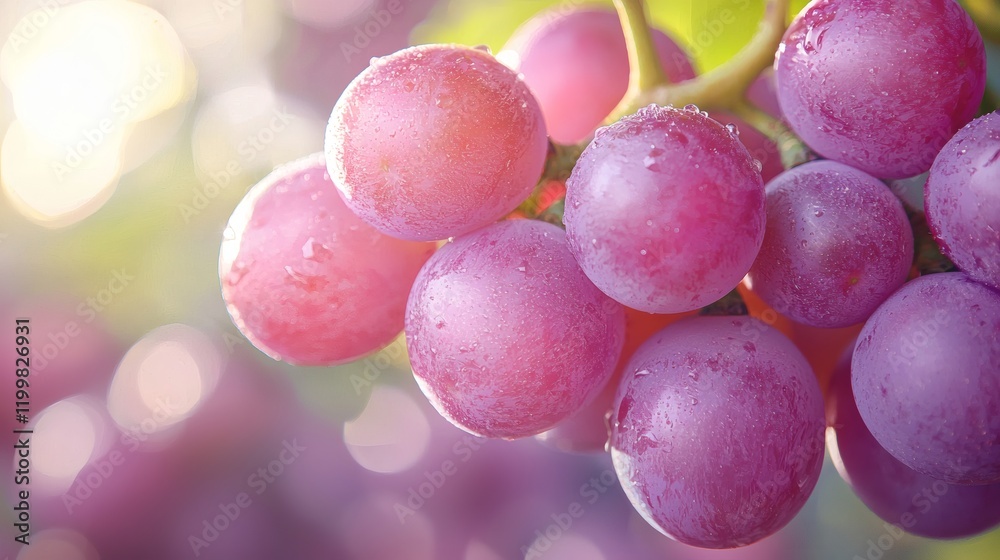 Poster Isolated of a cluster of fresh purple grapes with stems intact and vivid color contrast against white Stock Photo with side copy space