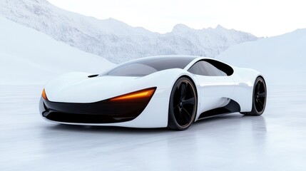 A high-performance sports car zooms across a snowy mountain landscape, showcasing elegance and...