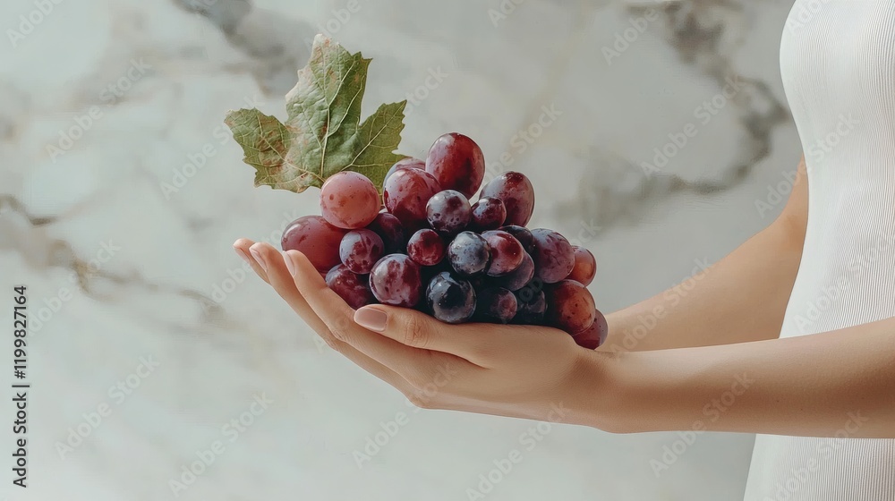 Poster Isolated of a handful of mixed grapes in different shades placed elegantly on a pure white surface Stock Photo with side copy space