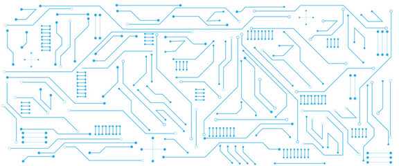 Vector glowing light blue neon AI chip with thin circuit contact lines.