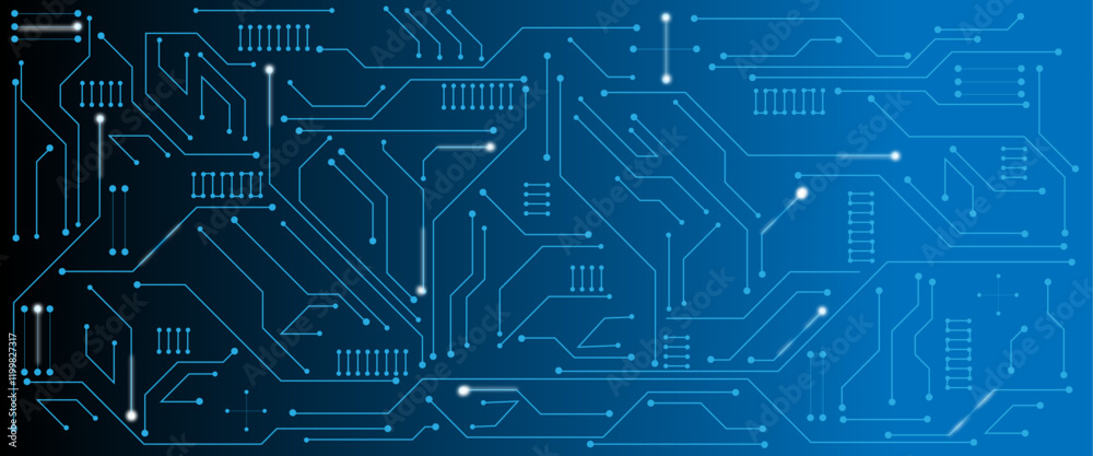 Poster Vector technology lines circuit and dots on blue engineering technology concept vector panorama background.