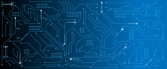 Vector technology lines circuit and dots on blue engineering technology concept vector panorama background.