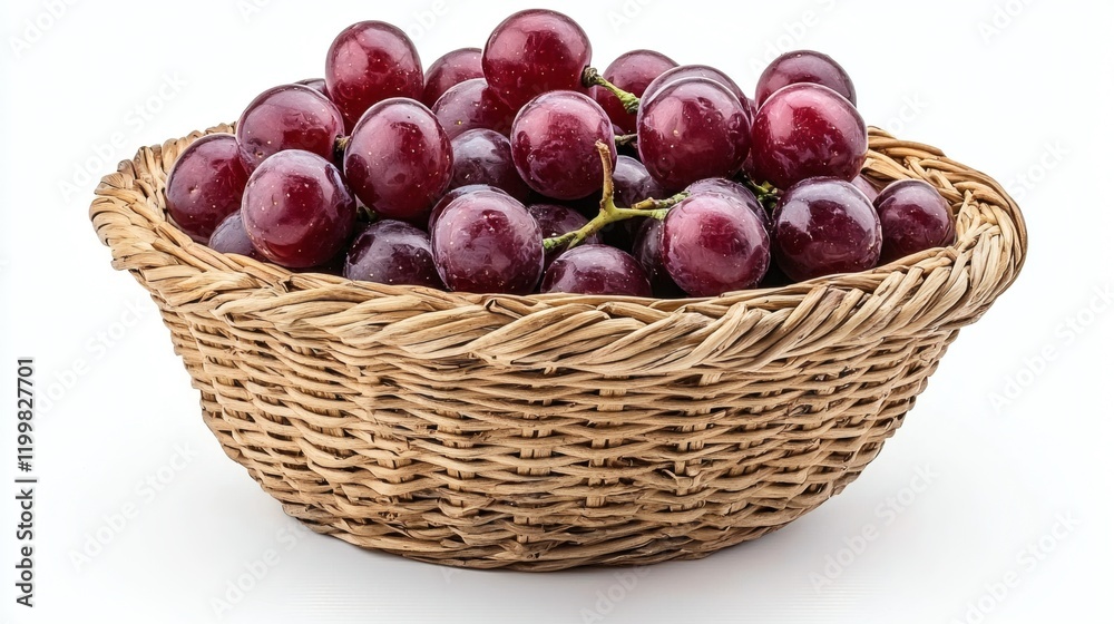 Poster Isolated of a pile of ripe red grapes in a small rustic basket positioned on a seamless white background Stock Photo with side copy space