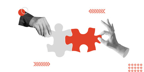 Two hands connect the grey and red puzzle pieces, symbolising cooperation, problem solving or...