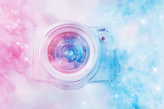 The image features a camera lens with a colorful, abstract background that blends shades of pink and blue, sprinkled with stars and sparkles, creating a magical and ethereal atmosphere