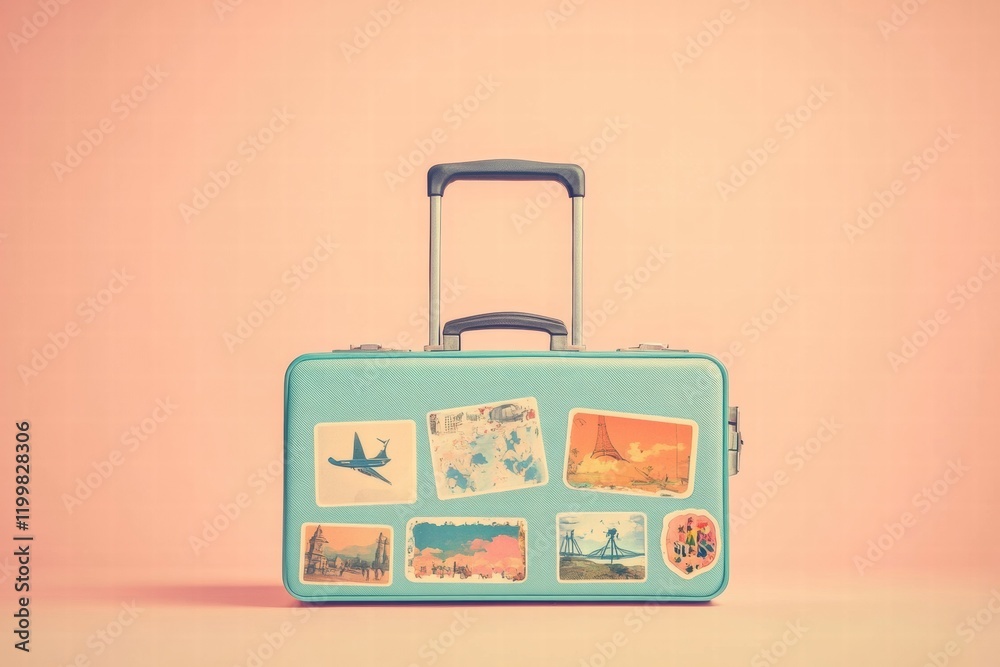 Aufkleber retro suitcase adorned with travel stickers showcasing adventures from around the world. generative 