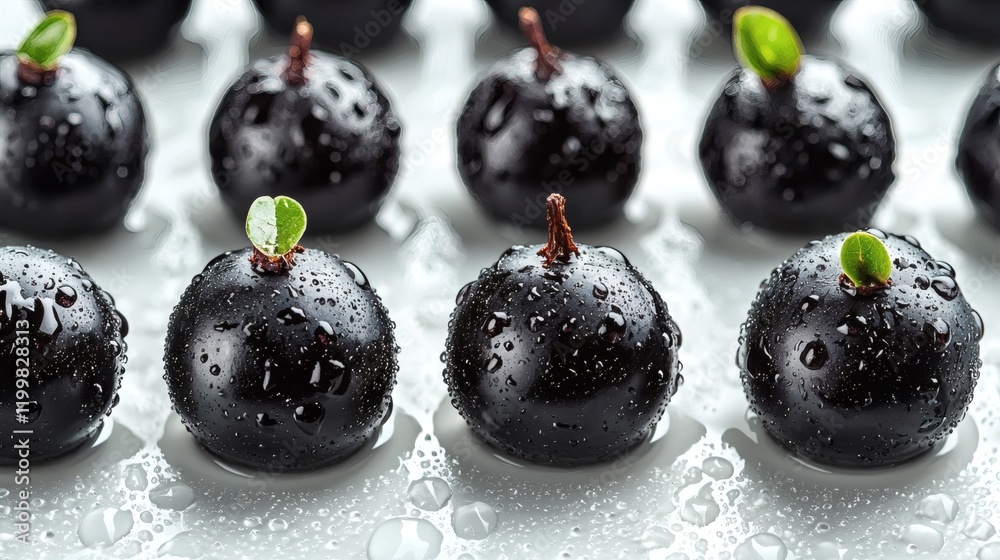 Poster isolated of freshly washed black grapes with water droplets visible arranged on a flat white surface