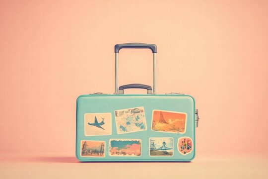 Retro suitcase adorned with travel stickers showcasing adventures from around the world. Generative AI