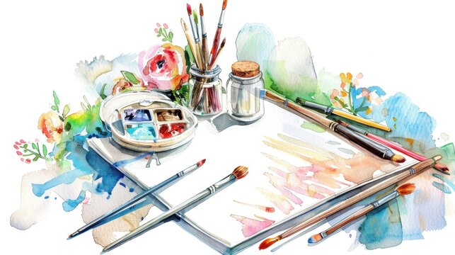 National Hobby Month Watercolor art supplies with floral background: brushes, palette, sketchbook - Powered by Adobe