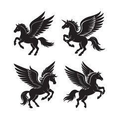 set of pegasus horse silhouette, black and white silhouette, vector and illustration