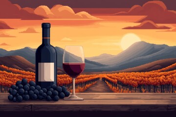 A pixel art depiction of a wine bottle and glass sitting on a rustic table, with tiny grapes and a vineyard background in vibrant, blocky colors