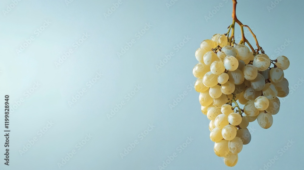 Poster isolated of a single bunch of green seedless grapes hanging vertically on a white background stock p