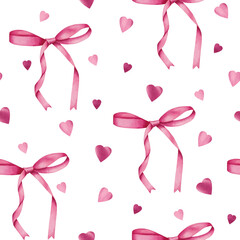 Seamless pattern with watercolor pink bows and hearts. Illustration for Valentine's Day. For packaging, stationery, textiles