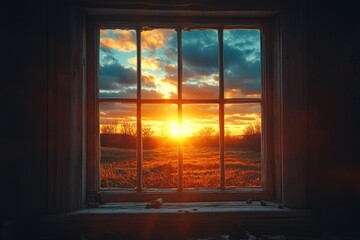 Sunset viewed through rustic windowpanes.