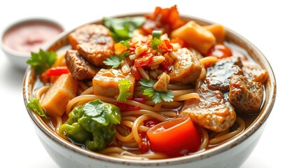 Delicious Noodle Bowl with Colorful Sauces and Vegetables
