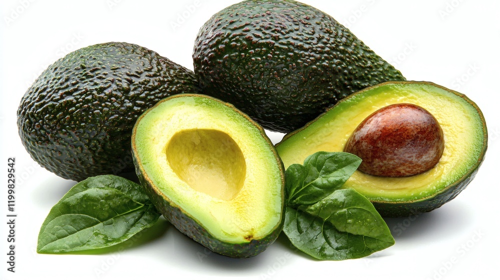 Aufkleber Isolated of a single ripe avocado with its dark green bumpy skin displayed on a white background Stock Photo with side copy space