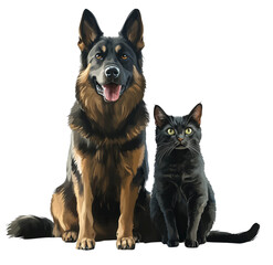 Fototapeta premium An adorable dog and cat sitting side by side, isolated on a transparent background, perfect for pet themed designs, advertisements branding projects 