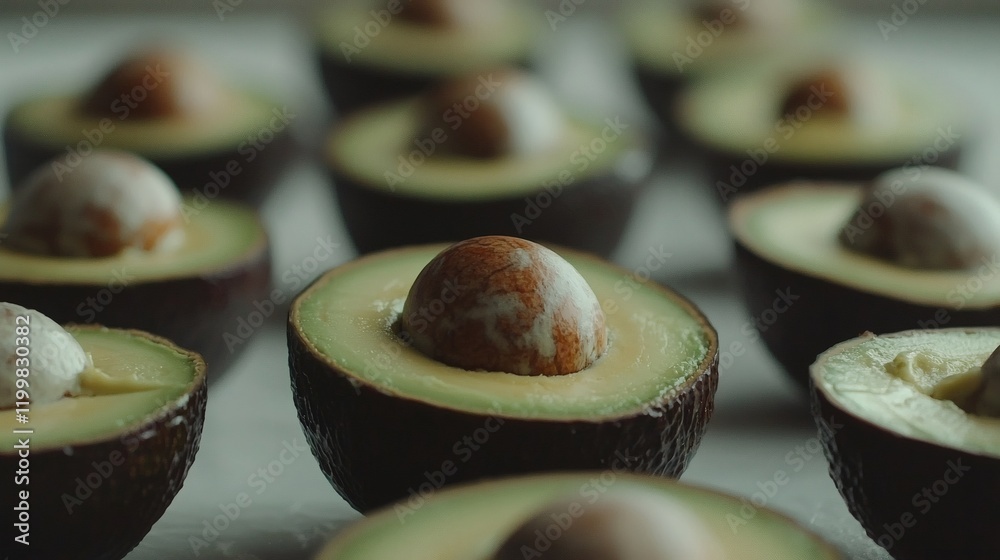Poster isolated of halved avocado showing the creamy interior and large seed placed neatly against white st