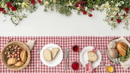 A beautifully arranged picnic table featuring fresh bread, fruits, and flowers in a vibrant setting