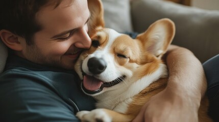 Caucasian young male embracing happy corgi dog on sofa National Welsh Corgi Day