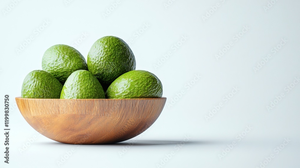 Poster isolated of a group of fresh avocados arranged in a wooden bowl on a seamless white background stock