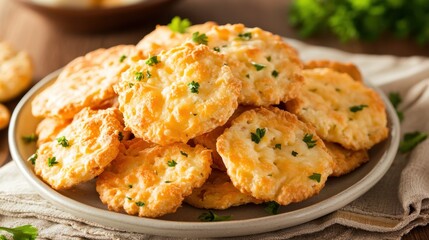 Delicious homemade cheese crisps garnished with fresh herbs on a plate