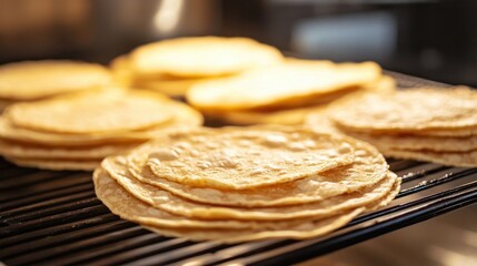 Homemade Corn Tortilla Chips Warm, freshly made homemade tortillas on cooling rack in sunlit kitchen
