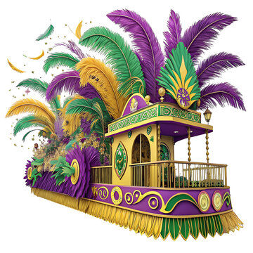 Vibrant Mardi Gras float with colorful feathers and sequins, Mardi Gras,  isolated on white background.PNG transparent.
