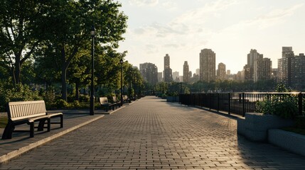 Serene City Park Pathway with Bench and Skyline View at Sunset