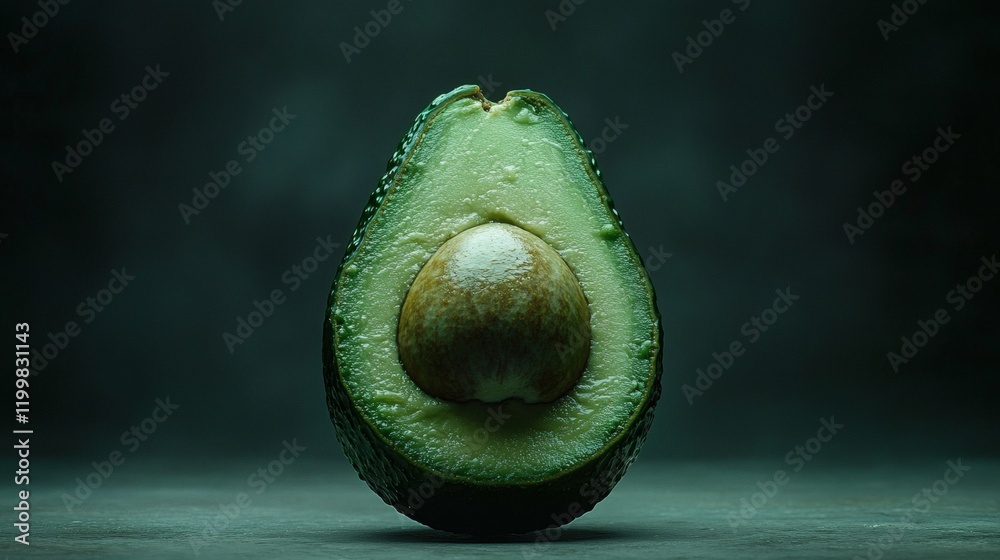 Aufkleber isolated of a single avocado cut open to expose its soft green flesh and perfectly round seed stock 