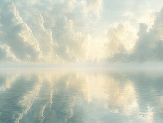 Serene landscape with soft clouds reflecting on a tranquil water surface.