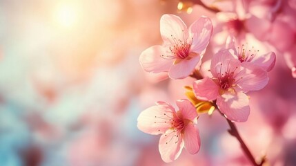 Beautiful pink cherry blossoms in sunlit spring garden