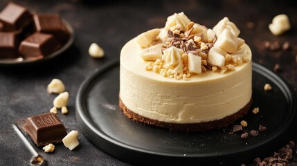 National White Chocolate Cheesecake Day Delicious cheesecake with chocolate and nuts on dark plate