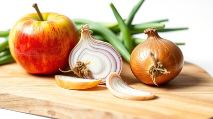 Fresh Apple and Onion on Rustic Wood