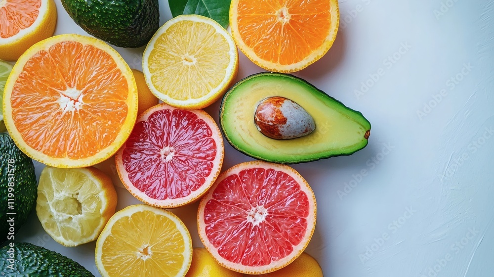 Poster isolated of multiple avocados with a mixture of whole and halved fruits on a clean white surface sto