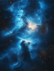 Naklejka premium Cosmic Nebula in Vivid Blue: A breathtaking cosmic nebula, awash in vibrant shades of blue, shimmers with celestial energy.