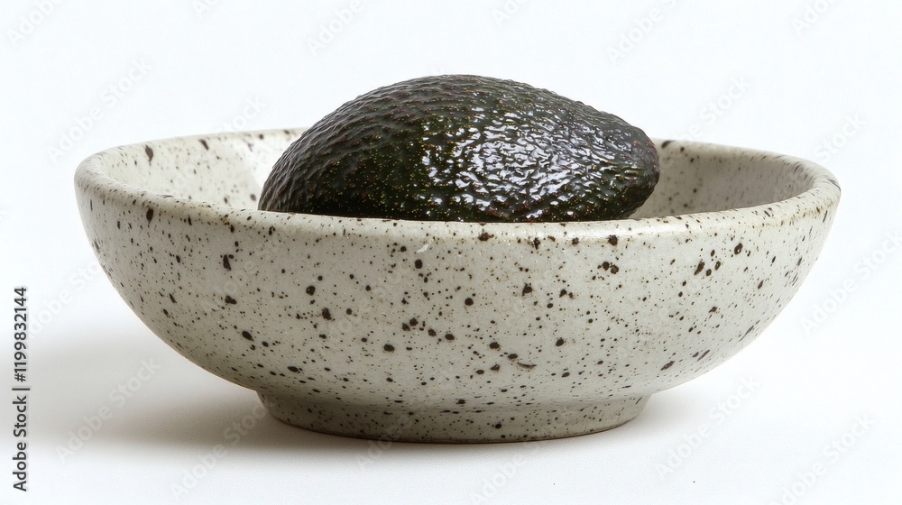 Poster isolated of an avocado resting on a small ceramic dish with its natural texture highlighted against 