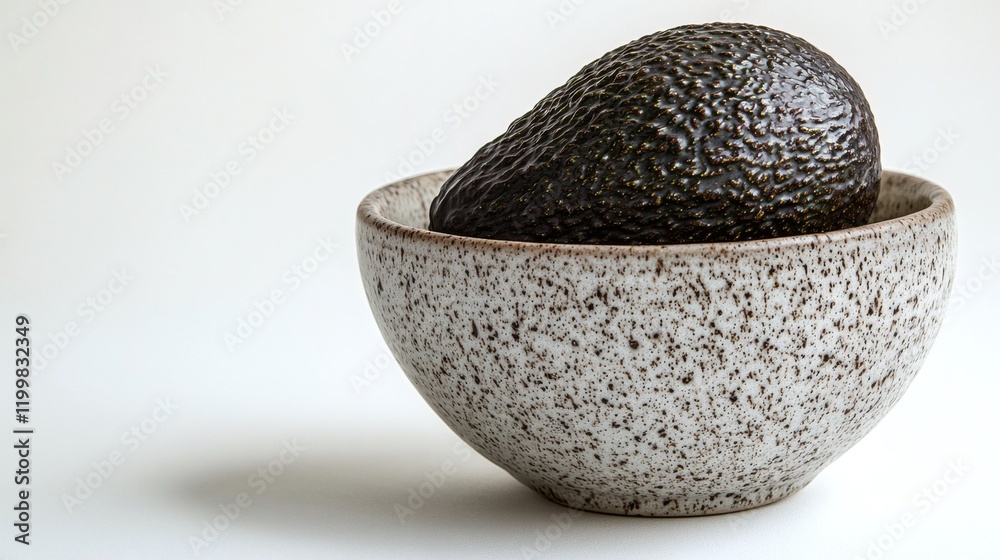 Poster isolated of an avocado resting on a small ceramic dish with its natural texture highlighted against 