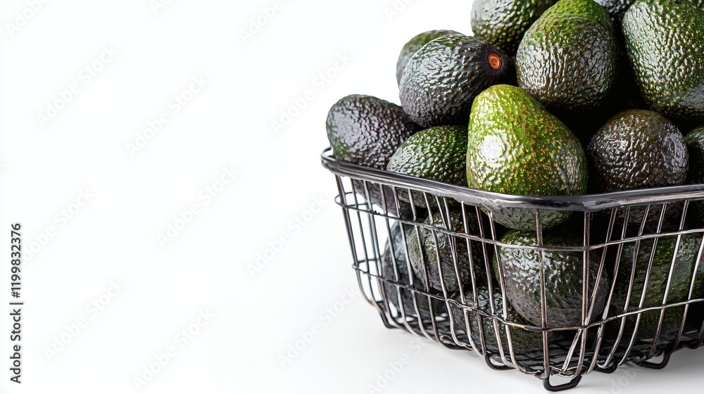 Poster isolated of fresh avocados stacked in a metal basket placed on a pure white background stock photo w