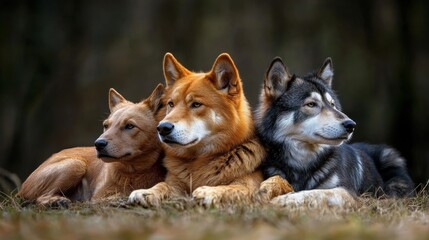Fototapeta premium Responsible Animal Guardian Month Three diverse dogs lying on grass in natural setting