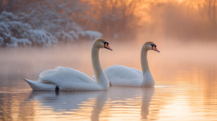 Fototapeta premium A quiet pond at dawn, with mist rising and a pair of swans gliding gracefully across the surface