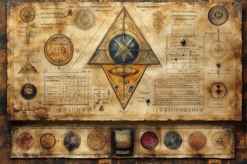 Ancient alchemical symbols and diagrams displayed on parchment from a historical manuscript