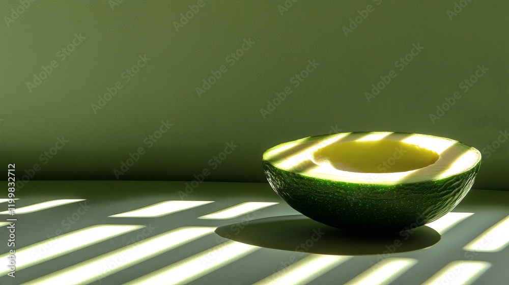 Poster isolated of a halved avocado with the seed removed and the smooth interior flesh fully visible stock