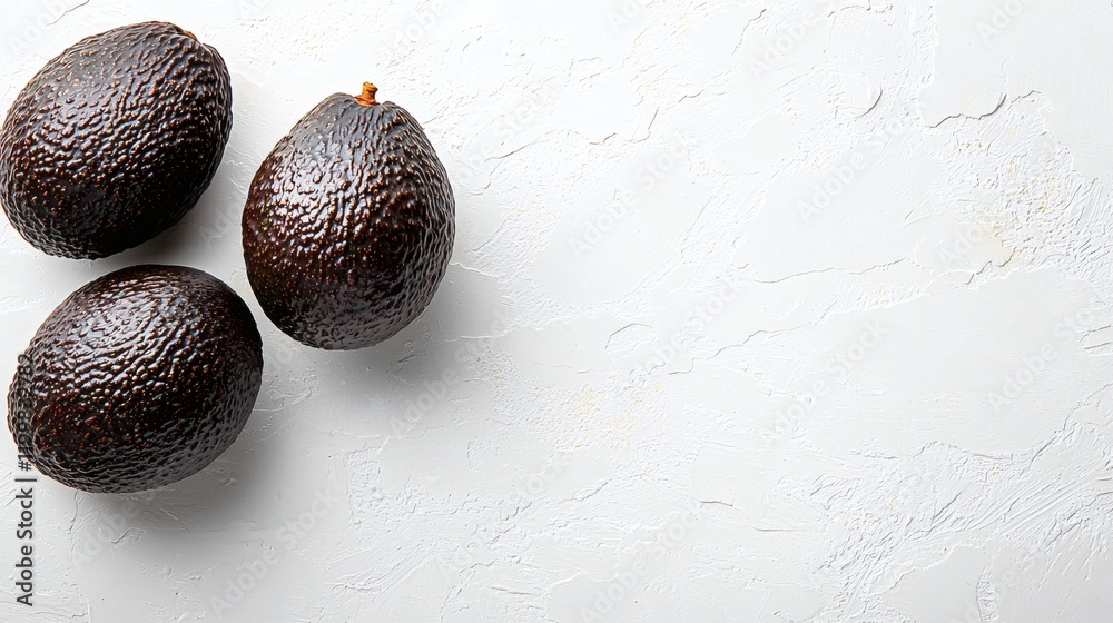 Poster Isolated of two avocados placed side by side with contrasting whole and sliced views against white Stock Photo with side copy space