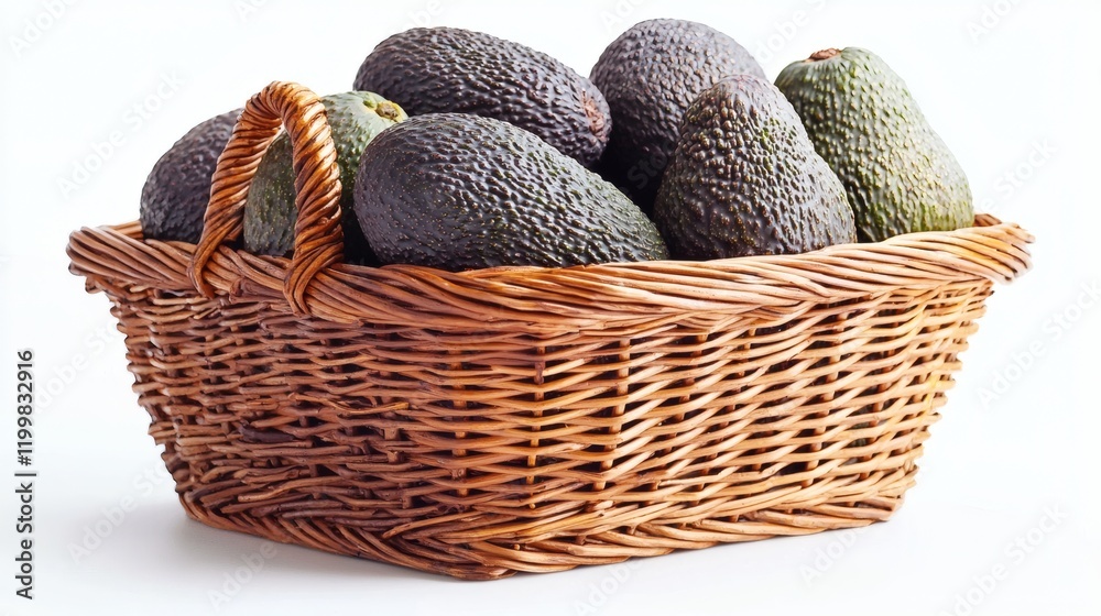 Poster Isolated of a collection of avocados neatly arranged in a wicker basket on a solid white background Stock Photo with side copy space