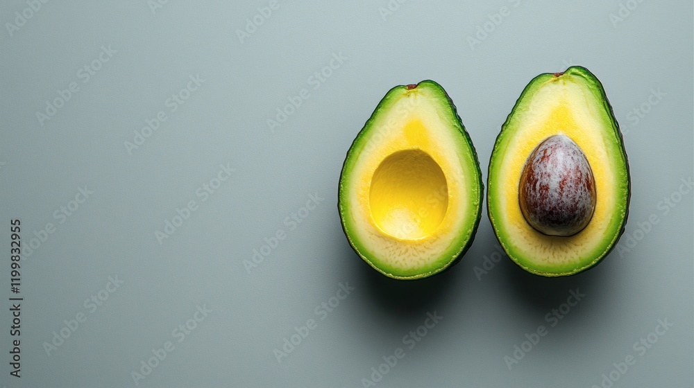 Poster isolated of two avocados placed side by side with contrasting whole and sliced views against white s