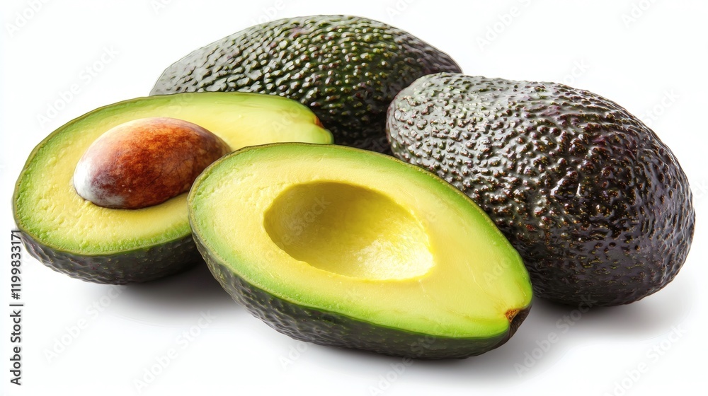 Poster isolated of a perfectly ripened avocado with vibrant green highlights on its textured skin displayed