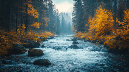 A wild bear fishing for salmon in a rushing river, framed by dense forest